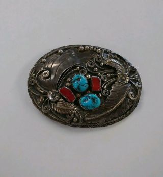 Vintage Old Pawn Sterling Silver Coral Turquoise Belt Buckle Signed Sc