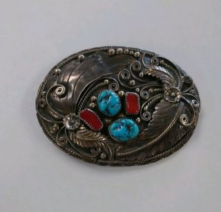 Vintage Old Pawn Sterling Silver Coral Turquoise Belt Buckle Signed SC 2