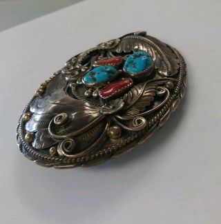 Vintage Old Pawn Sterling Silver Coral Turquoise Belt Buckle Signed SC 4