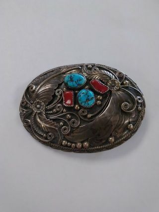 Vintage Old Pawn Sterling Silver Coral Turquoise Belt Buckle Signed SC 5