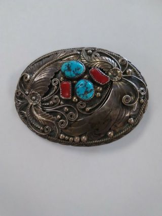 Vintage Old Pawn Sterling Silver Coral Turquoise Belt Buckle Signed SC 6