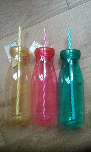 1 - 24 Milkshake Plastic Bottle With Straw Party Vintage Retro Drinking Reusable