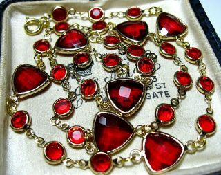 Vintage Jewellery Gorgeous Ruby Red Crystal Glass Bezel Open Set Long Necklace