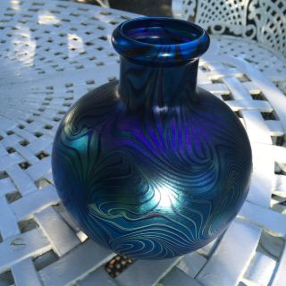 Rare Orient & Flume Blue Iriscene King Tut Vase Signed And Dated 1981,  Cobalt,