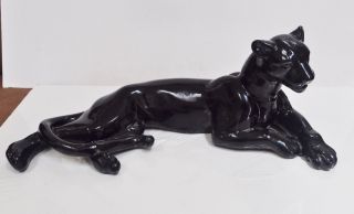 Vintage Mid Century Black Ceramic Panther Figure Laying Down
