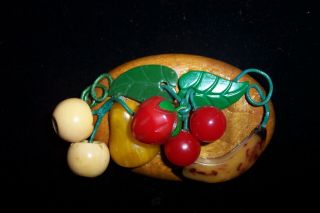 Vintage Bakelite Carved Fruit Buttons & Celluloid Leaves Pin / Brooch Strawberry
