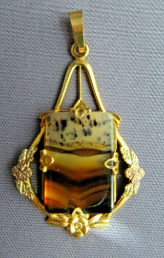 Vintage 12k Black Hills Gold Leaf Picture Agate Caged Pendant