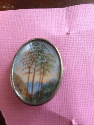 Antique 800 Silver Signed Miniature Painting Of Trees Pin Brooch Pendant