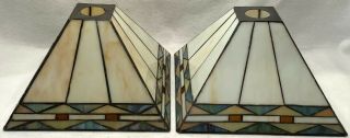 Pair Vintage Square Tiffany Or Mission Style Stained & Leaded Glass Lamp Shades