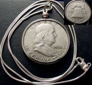 1962 Us Silver Ben Franklin Liberty Bell Pendant On A 22 " Italy Silver Necklace.