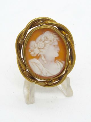 Victorian Antique Carved Shell Cameo Brooch Pin Gilded Swivel Mount