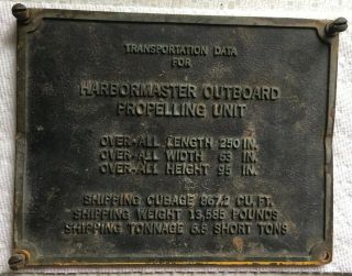Vintage 1953 Transportation Data Plaque For Harbormaster Outboard Propelling