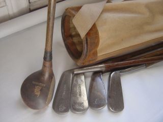 Antique Rare Spalding Indian Hickory Wood Shaft Golf Clubs W Bag 1916