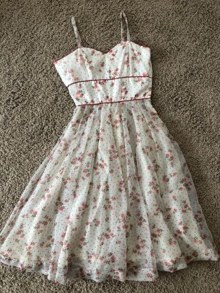 Vintage 50’s Dress Floral Size 9 Red White Dots Chiffon Roses