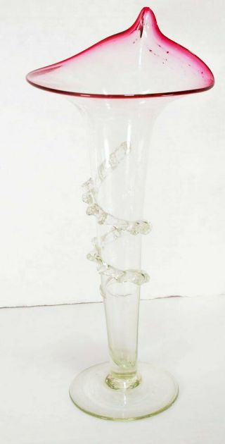 Vintage Jack In The Pulpit Hand Blown Art Glass Vase W Applied Glass Trim