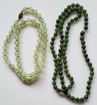 Two,  Vintage Art - Deco Chinese Carved Celedon & Spinach Green Jade Bead Necklaces