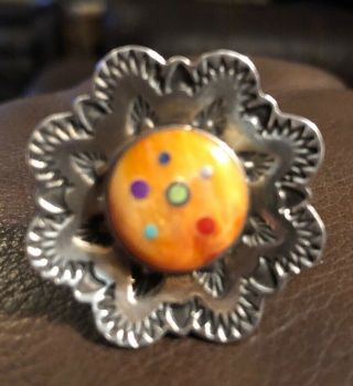 Vtg V.  Benally Navajo Sterling Silver Turquoise & Spiny Oyster Inlay Flower Ring