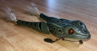 Wooden Top Water Jointed Frog Lure.  Glass Eyes.  Spinner Arms.  Leopard Frog