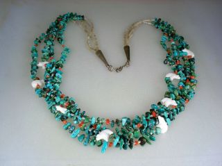 Vintage Santo Domingo Pueblo 4 Strand Heishi Turquoise & Bear Fetish Necklace