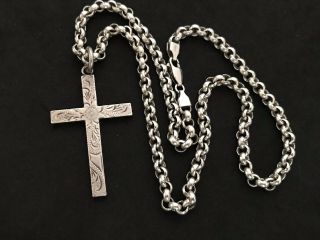 Heavy Vintage Sterling Silver Cross With Sterling Silver Belcher Chain