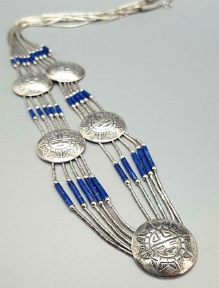 Vintage Sterling Silver Mexican Necklace With Blue Lapis Stones