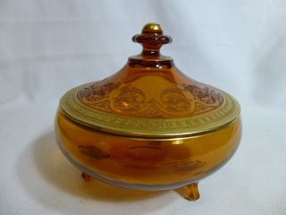 Cambridge Glass Co Pattern Vintage Lidded Candy Dish Bowl Amber With Lid