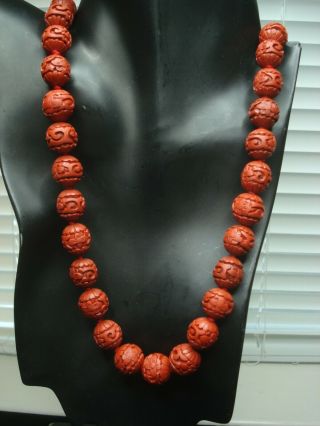 Vintage Chinese Carved Cinnabar Flower Bead Necklace 32 " 84 Grams