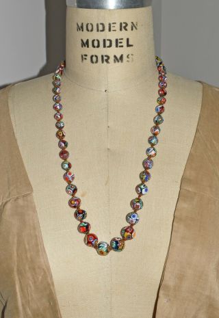 Vintage Art Deco Murano Venetian Millefiori Glass Beaded Necklace 27 1/2 
