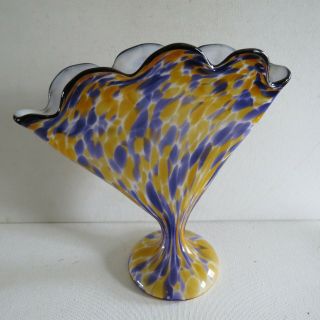 Vtg Retro Hand Blown Art Glass Vase Ribbed Purple & Yellow Splatter