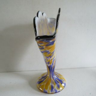 VTG Retro Hand Blown Art Glass VASE Ribbed purple & Yellow Splatter 4