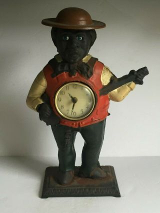 Vintage Black Americana Cast Iron Banjo Player Man Clock Mid 1900s 15 " Tall