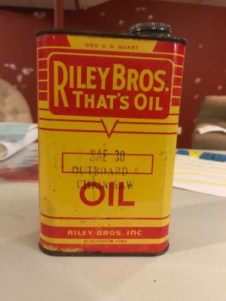 Vintage Riley Bros Outboard Motor Oil Can Great Graphics Rare Flat Quart