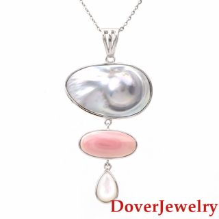 Estate Mother Of Pearl Blister Pearl Coral Silver Dangle Pendant 10.  0 Grams Nr