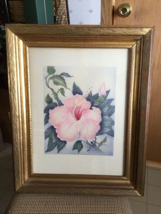 Vintage 1940s Tip Freeman Pink Hibiscus Flower Airbrush Signed Painting Framed