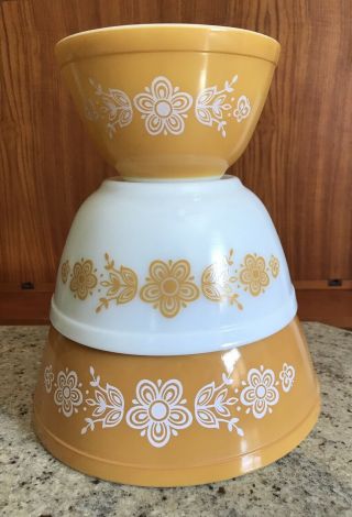 Vintage Pyrex Glass Butterfly Gold Bowl Bowls Flower Mid Century Kitchen 3pc Set