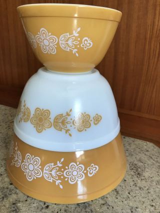 Vintage Pyrex Glass Butterfly Gold Bowl Bowls Flower Mid Century Kitchen 3pc Set 2