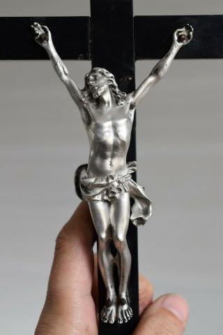 ⭐rare Antique Religious Cross,  Crucifix,  Ebony Wood & Sterling Silver Christ,  19 Th