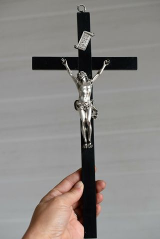 ⭐RARE antique religious cross,  crucifix,  ebony wood & sterling silver Christ,  19 th 2