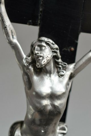 ⭐RARE antique religious cross,  crucifix,  ebony wood & sterling silver Christ,  19 th 5