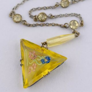 Vtg Art Deco Signed Czech Yellow Glass Bezel Set Crystal Pendant Necklace
