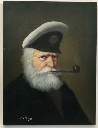 Vintage David Pelbam Sea Captain Smoking Pipe Oil Painting Canvas Signed 12 X 16