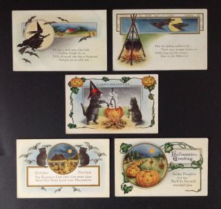 Vintage Whitney Halloween Postcards (5) Cats,  Crows,  Witches,  Jols