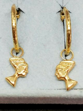 Vintage 14k Gold Queen Nefertiti Bust Hoop Earrings Marked
