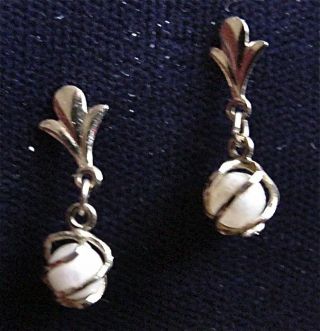 Vintage Estate 14k Gold Pearl Drop Earrings Hang Length Is 15mm.  Caged Pearl (s)