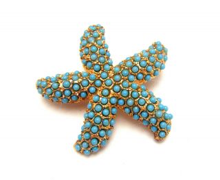 Sweet Vintage 1960s Brooch Turquoise Bead Starfish Sea Theme Pin Gold Tone