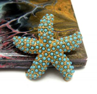 Sweet Vintage 1960s Brooch Turquoise Bead Starfish Sea Theme Pin Gold Tone 2