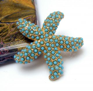 Sweet Vintage 1960s Brooch Turquoise Bead Starfish Sea Theme Pin Gold Tone 3