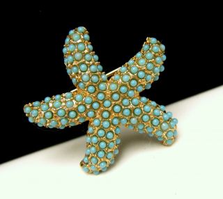 Sweet Vintage 1960s Brooch Turquoise Bead Starfish Sea Theme Pin Gold Tone 4