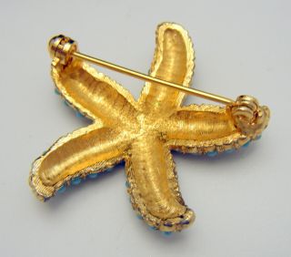 Sweet Vintage 1960s Brooch Turquoise Bead Starfish Sea Theme Pin Gold Tone 5