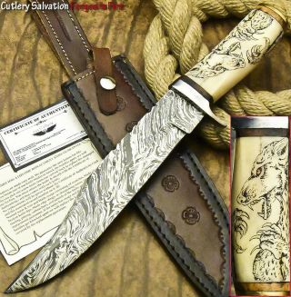 1 - Of - A - Kind Rare Custom Forged Damascus Hunting Knife | Scrimshaw